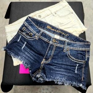 Pair(1)Dark (1)Acid Wash Blue Asphalt Jrs/Wmns Low Rise Distressed Frayed Shorts